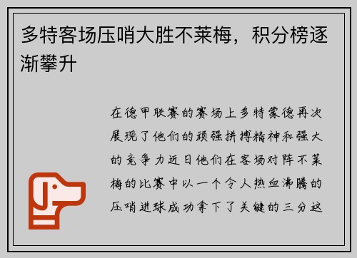 多特客场压哨大胜不莱梅，积分榜逐渐攀升