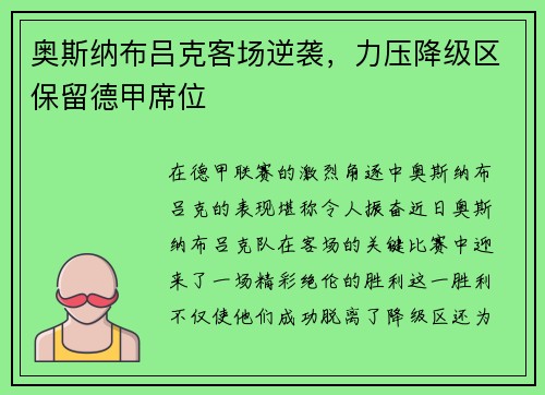 奥斯纳布吕克客场逆袭，力压降级区保留德甲席位