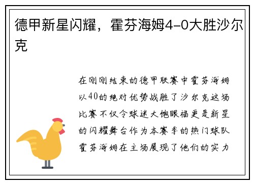 德甲新星闪耀，霍芬海姆4-0大胜沙尔克