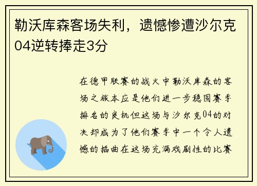 勒沃库森客场失利，遗憾惨遭沙尔克04逆转捧走3分