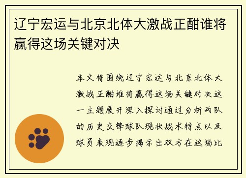 辽宁宏运与北京北体大激战正酣谁将赢得这场关键对决