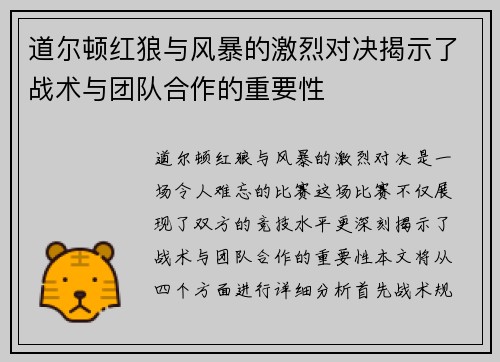 道尔顿红狼与风暴的激烈对决揭示了战术与团队合作的重要性
