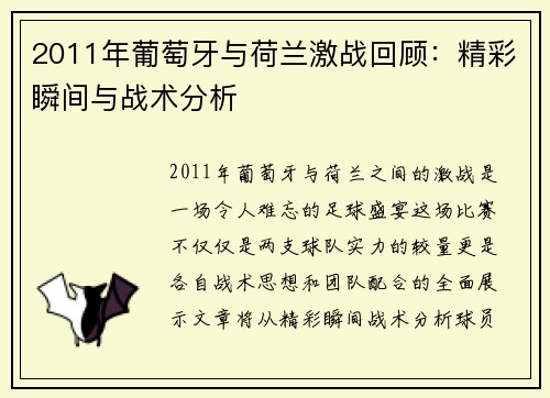2011年葡萄牙与荷兰激战回顾：精彩瞬间与战术分析