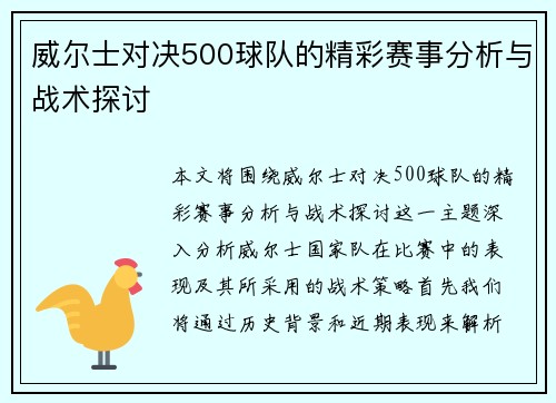 威尔士对决500球队的精彩赛事分析与战术探讨
