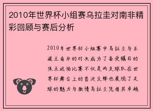 2010年世界杯小组赛乌拉圭对南非精彩回顾与赛后分析