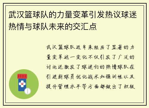 武汉篮球队的力量变革引发热议球迷热情与球队未来的交汇点