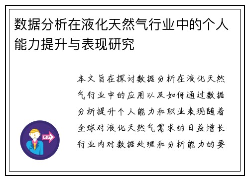 数据分析在液化天然气行业中的个人能力提升与表现研究