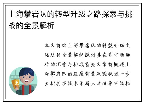 上海攀岩队的转型升级之路探索与挑战的全景解析