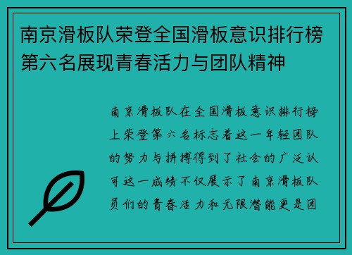 南京滑板队荣登全国滑板意识排行榜第六名展现青春活力与团队精神