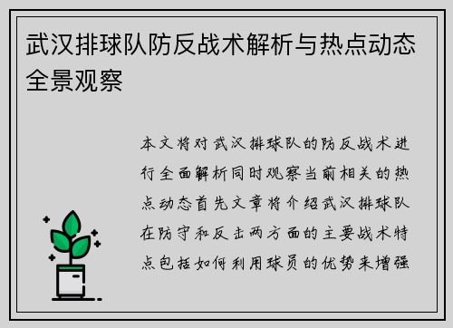武汉排球队防反战术解析与热点动态全景观察